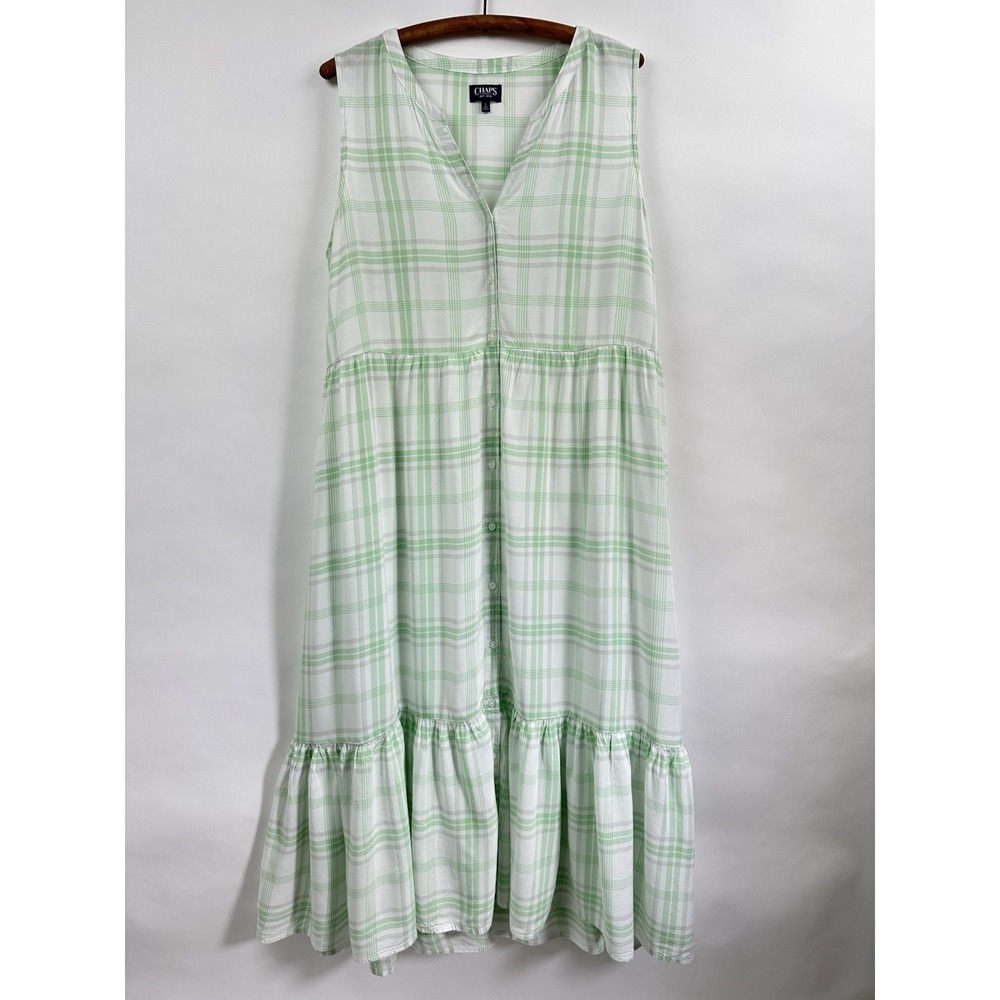 CHAPS Plaid Tiered Maxi Dress Large Mint Green Prairie Cottagecore Pockets Vneck - Picture 5 of 12